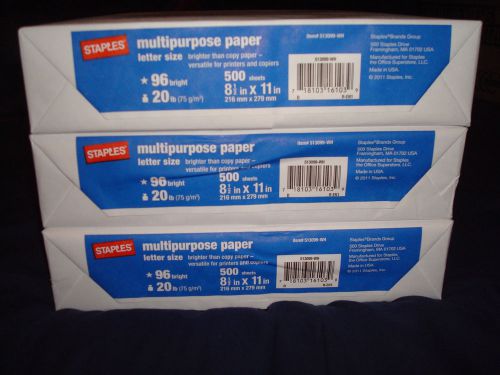 3 reams staples multipurpose copy paper 8 1/2&#034; x 11&#034; 1500 sheet case 96 us 109 for sale