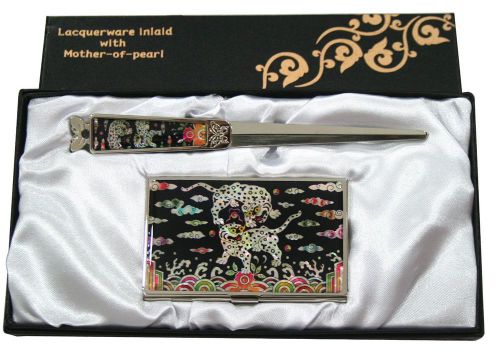 Nacre two tiger Business card holder case envelope letter opener gift set#59