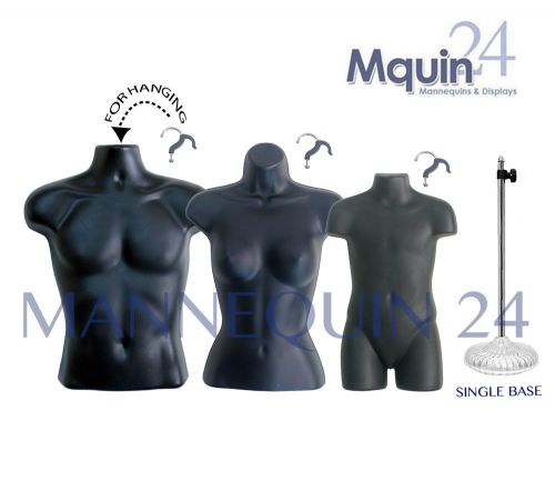 SET OF 3 BLACK MANNEQUINS: MALE, FEMALE &amp; CHILD TORSO FORMS +1 STAND + 3 HANGERS