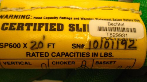 Certified slings spf600 x 20&#039; round poly sling green cover used, good condition for sale