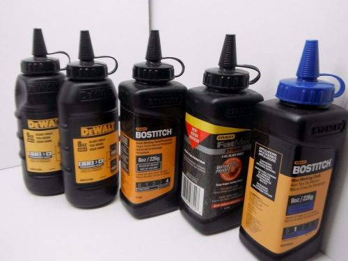 Lot of New Black &amp; Blue Marking Chalk - 5 Bottles - Dewalt, Stanley, Bostitch