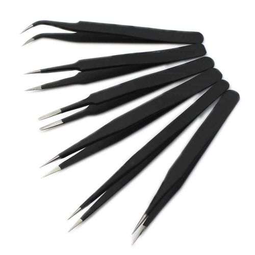 6pcs non-magnetic steel fine curved tip tweezers plier tools for jewelry smd smt for sale