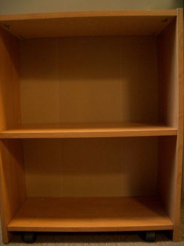 Low, wood grain bookcase / bookshelf, with wheels, Local Pickup Portland Oregon