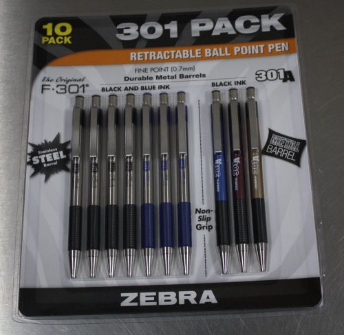 NEW Zebra F-301 Ball Point Pens Black Blue Ink .07mm Fine Point 10 Pack