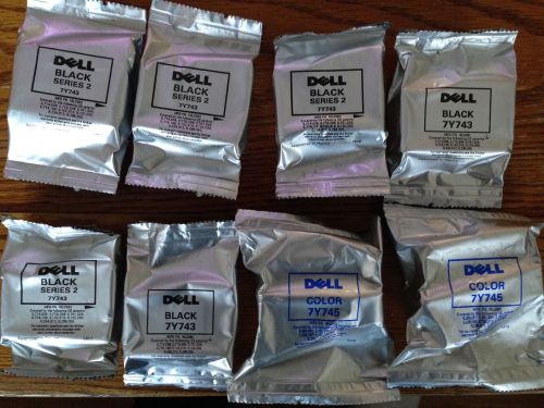 Set of 6 new Dell 7Y743 black &amp; 2 new Dell 7Y745 color printer ink cartridges