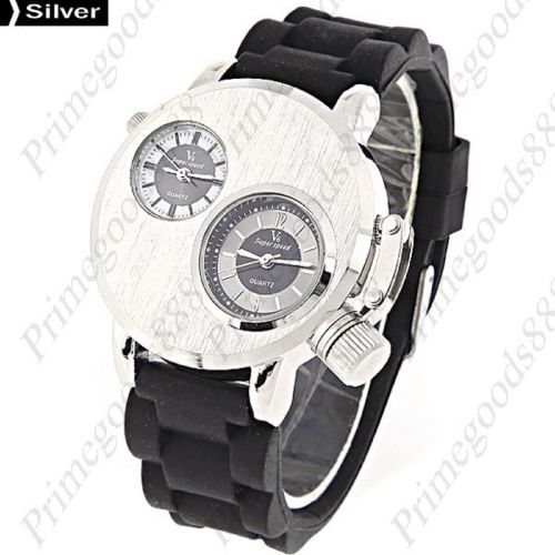 Rubber Band Two Movements Quartz Wrist Men&#039;s Free Shipping Silver Wristwatch