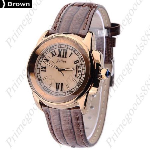 Round pu leather date quartz wrist lady ladies wristwatch women&#039;s brown gold for sale