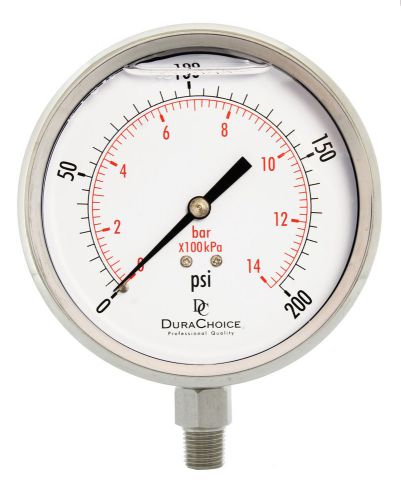 4&#034; All Stainless Steel Oil Filled Pressure Gauge - 1/4&#034; NPT Lower Mount 200PSI