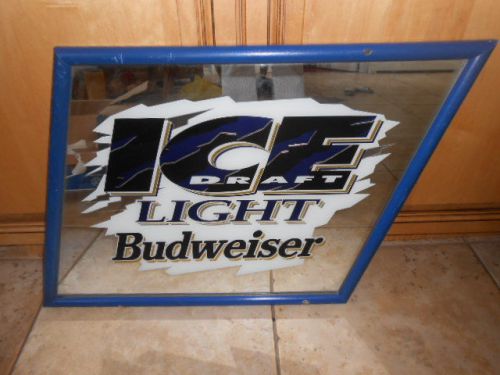 BREWERIANA ICE DRAFT LIGHT BUDWEISER LARGE MIRROR SIGN FROM LOCAL PUB 20 X 25