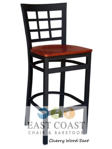 New Gladiator Window Pane Metal Restaurant Bar Stool with Cherry Wood Seat