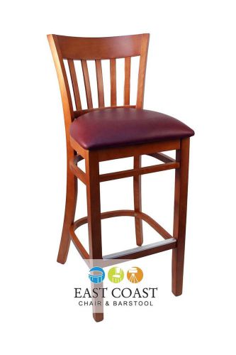 New gladiator cherry vertical back wooden bar stool with wine vinyl seat for sale