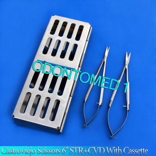 2 castroviejo micro scissors 6&#034; straight+curved with sterilization cassette box for sale