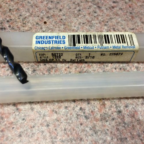 Greenfield industries 3/16&#034; ext length drill bit 10&#034; nib for sale