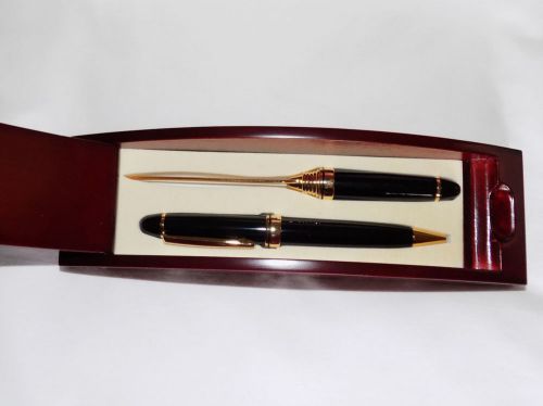 NEW BLACK &amp; GOLD INK PEN LETTER OPENER GIFT SET IN BEAUTIFUL WOOD CASE