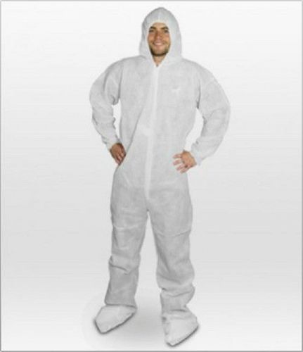 Hooded Disposable Coveralls,Polypropylene,White,Attached Booties,CASE/25