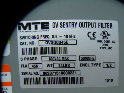 NIB MTE DV SENTRY OUTPUT FILTER DVSG0045E 45 Amps 380~600 VAC 25 to 40 Horsepowe