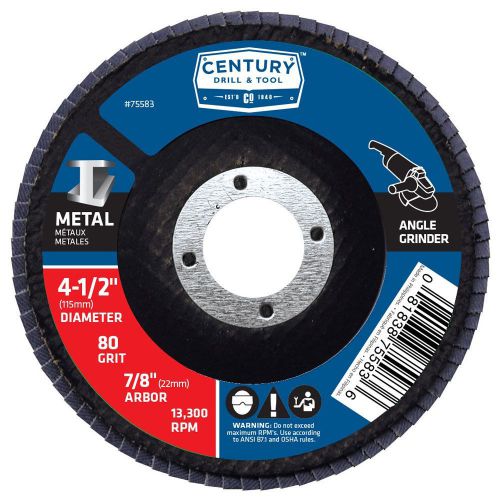 CENTURY TOOL 75583 Zirconia Abrasive 4-1/2&#034; Flap Disc 7/8&#034; Arbor 80G 13300 RPM