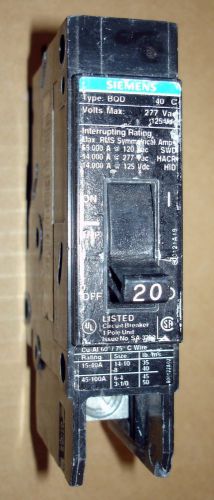 Siemens Circuit Breaker 1 Pole 20 Amp Type BQD 277 VAC 125 VDC Bolt-On BQD120BP