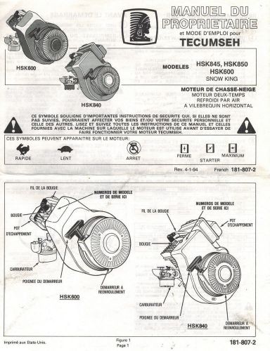 TECUMSEH HSK845 859 600 ENGINE OPERATOR MANUAL (French)