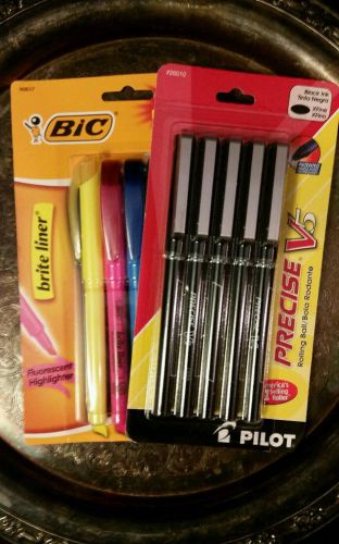 Pilot Precise V5 Stick Rolling Ball Pen XFine Point Black (5), FREE HIGHLIGHTERS