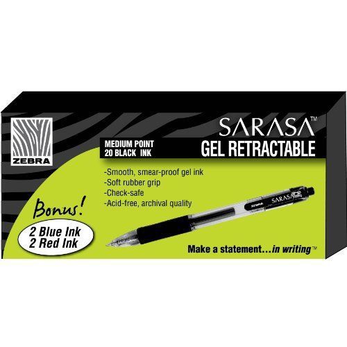 Zebra Pen Sarasa Rapid Dry Ink Retractable Gel, 20 black, 2 red, 2 blue Pack