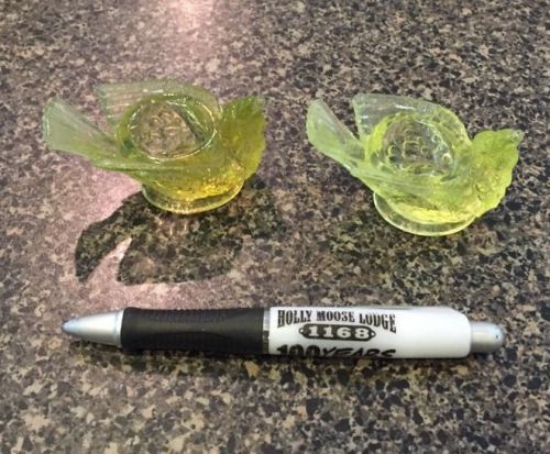 VINTAGE Vaseline Glass Candlesticks Holder Green Candle Pair Bird