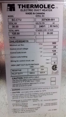 Thermolec, flanged duct heater, 30kw 240v 1phase 125a, unused/needs transformer for sale