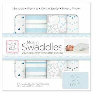 SwaddleDesigns Cotton Muslin Swaddle Blankets Set of 4 Blue Starshine Shimmer...