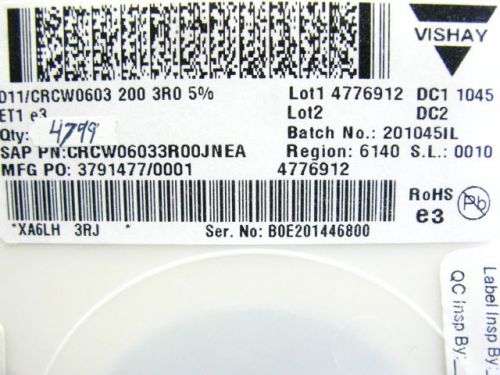 4799 pcs vishay crcw06033r00jnea for sale