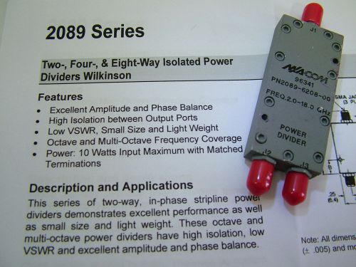 Rf power divider - isolated 2 - 18ghz ma com 2089-6208-00 sma 2 way for sale