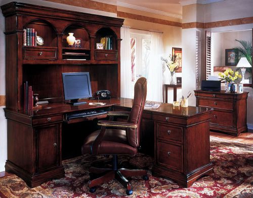 Traditional 3 piece dark office l desk and hutch set for sale