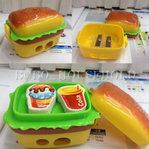 Children Cute 2 Hole Hamburger Pencil Sharpener 2 Erasers Student School Gift