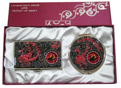 Nacre three leg crow Business card holder case Makeup compact mirror gift set#64