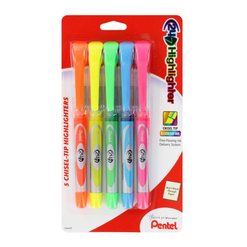 Pentel 24/7 Liquid Highlighters, Chisel Tip, Assorted Ink, SL12BP5M, 5 Sets of 5