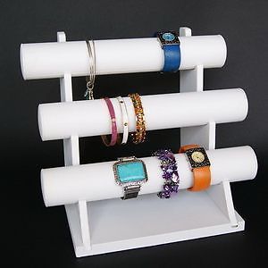 10&#034;H x 12&#034;W WHITE JEWELRY DISPLAY 3 TIER T BAR BRACELET BANGLE WATCH CHAIN PJ61W