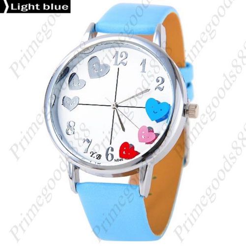 Smiling Heart PU Leather Round Analog Quartz Wrist Wristwatch Women&#039;s Light Blue