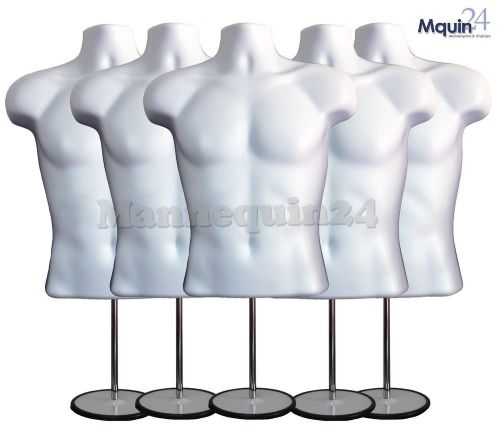 5 WHITE MALE TORSO MANNEQUIN FORMS w/5 Stands + 5 Hanging Hooks, Man&#039;s Clothings