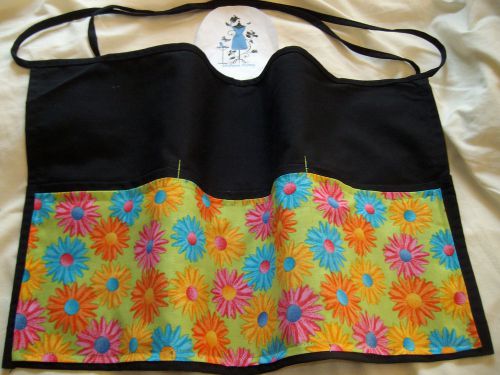 Black server half waist apron mod flowers lime green pink waitress cafe bar for sale