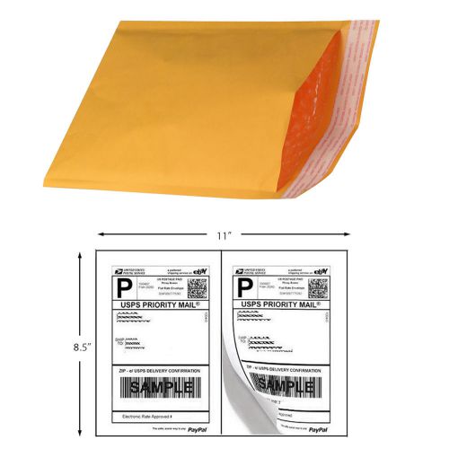 Combo 4x8&amp;5x10 100ea kraft bubble mailer+200 8.5x5.5 half-sheet shipping label for sale