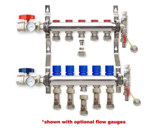 5-Port PEX Radiant Floor Heating Manifold - Stainless Steel Set, 1/2” PEX Tubing