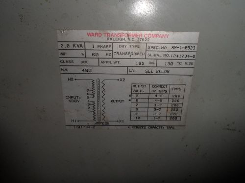 WARD TRANSFORMER   DRY TYPE TRANSFORMER  480VOLT INPUT 5-10 OUTPUT 200-286 AMP