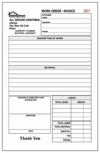 HANDYMAN WORK ORDER INVOICE - 2 PART CARBONLESS