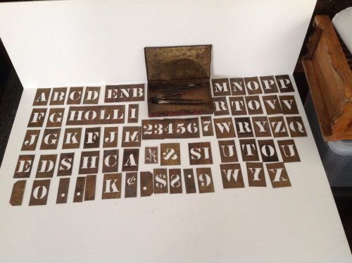 VINTAGE 65+ INTERLOCKING BRASS STENCIL LETTERS 3&#034; AS FOUND IN CINCO CIGAR TIN