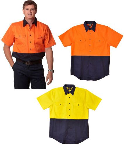 MENS COTTON DRILL SAFETY SHIRT HIGH VISIBILITY SHORT SLEEVE WORK TOP HI VIS WORK