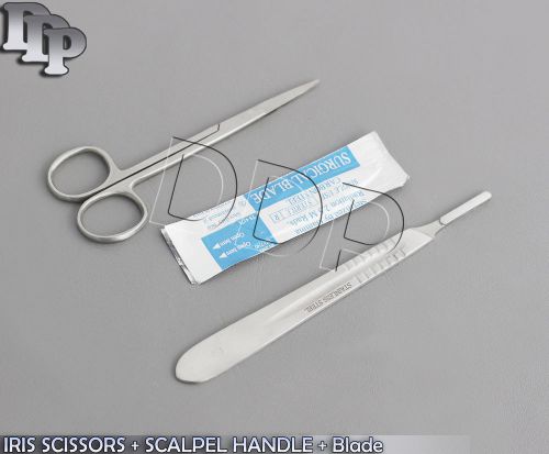 IRIS MICRO SCISSORS STRAIGHT 4.5&#034; + SCALPEL HANDLE #4 + 5 SURGICAL BLADES #24