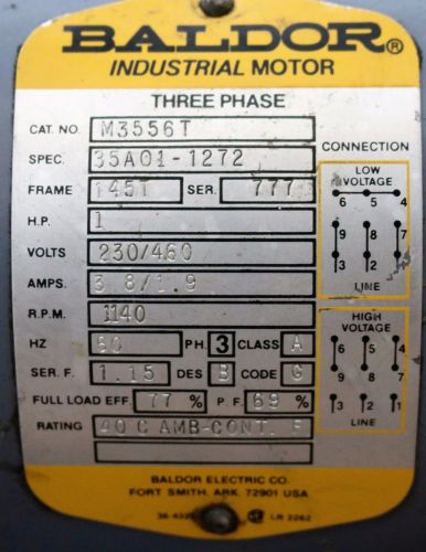 1HP 1140RPM 60Hz 230/460Volts Three Phase Motor  Baldor Industrial 1 HP