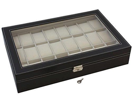 TMS Black Leather 24 Mens Watch Box Large Glass Top Display Jewelry Case Orga...