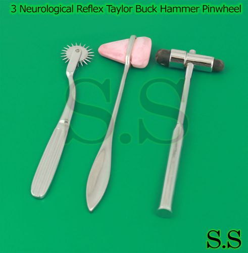 Set of 3 Neurological Reflex Taylor Buck Hammer Pinwheel Medical Diagnostic Tool