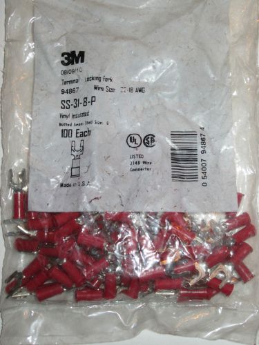 New 3m 94867 vinyl insulated locking fork terminal 22-18 awg 100 pack red #8 for sale