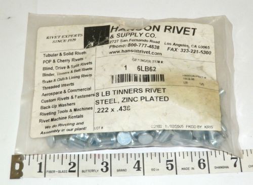 125 ea 8 lb tinners Rivets, 0.222&#034; Dia., 7/16&#034; Long Hanson Rivet TRSL08  (Off2B)